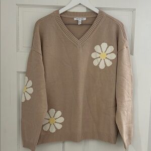 Daisy Embroidered Peace Love World V-Neck Sweater